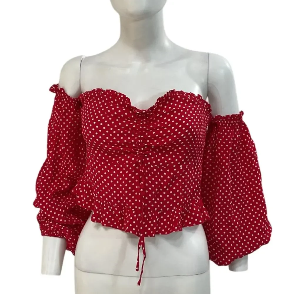 Lovers And Friends Smocked Red White Dot Arianna Blouse Size S NWT
